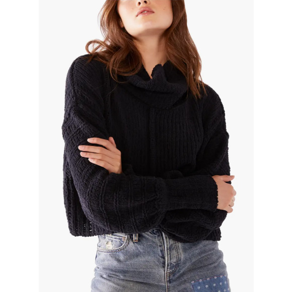Free People Be Yours Cowl Neck Sweater Balloon Sleeve Chunky Boxy Cropped Black - Picture 3 of 14